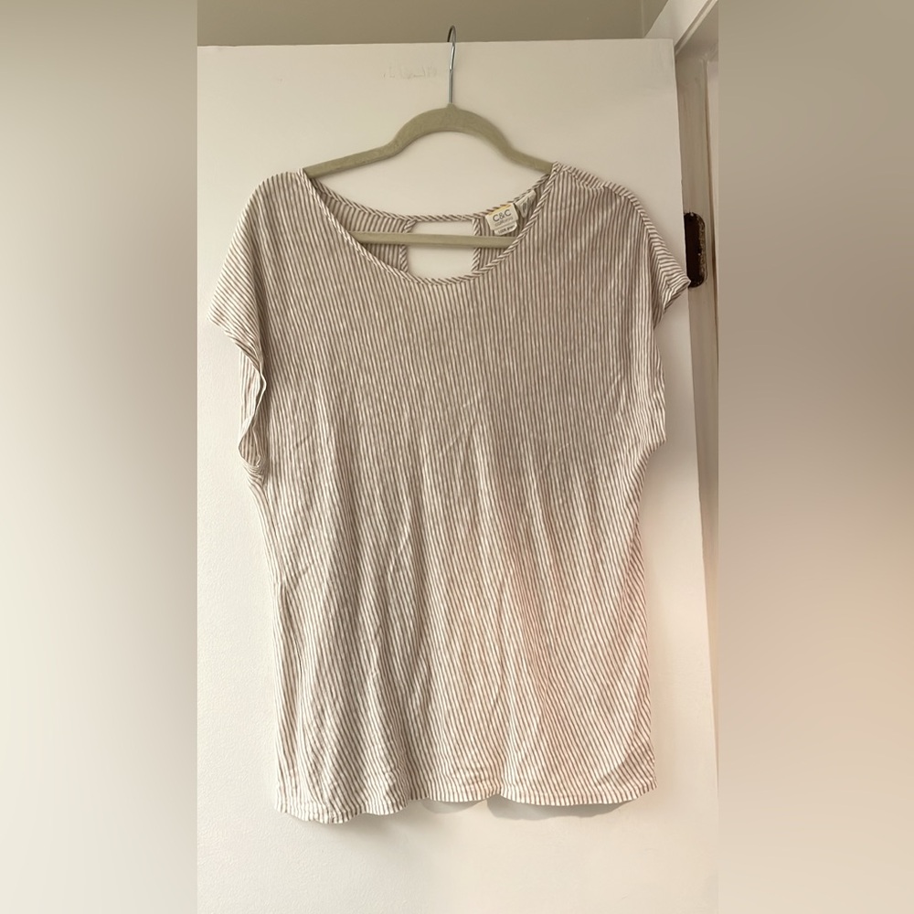 C&C California Women's Short Sleeve Striped Tee - beige and white - 100% Linen